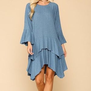 Flutterby Bell Sleeve Dress Blue Stretch Sharkbite